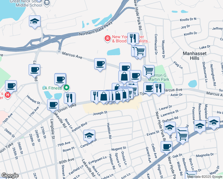 map of restaurants, bars, coffee shops, grocery stores, and more near 1979 Union Turnpike in North New Hyde Park