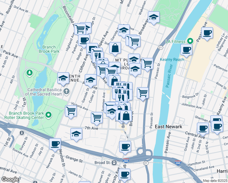 map of restaurants, bars, coffee shops, grocery stores, and more near 45 Bloomfield Avenue in Newark