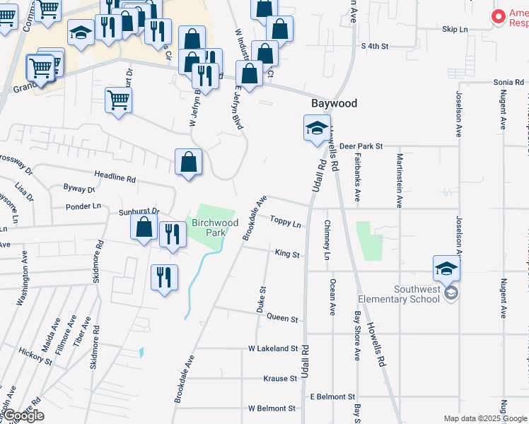 map of restaurants, bars, coffee shops, grocery stores, and more near 19 Toppy Lane in Bay Shore