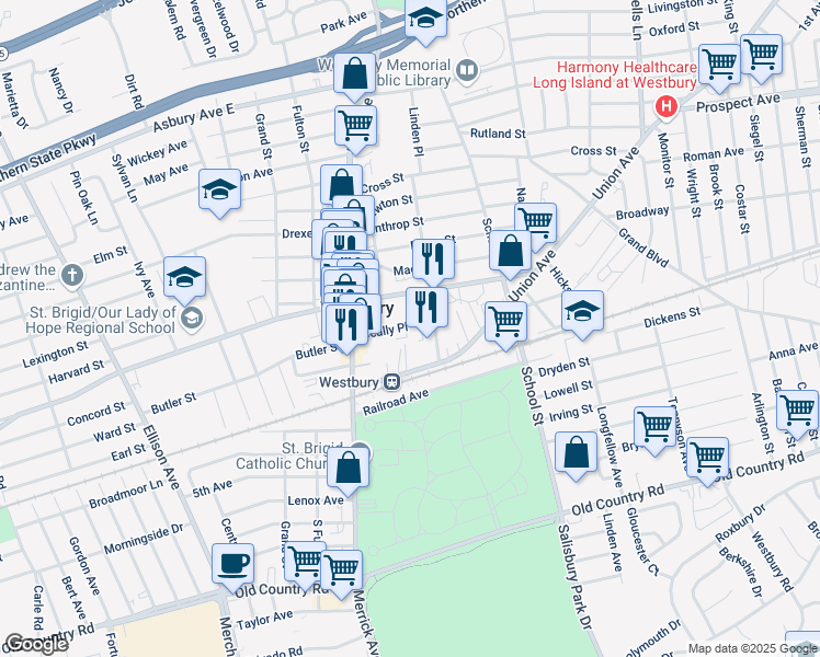 map of restaurants, bars, coffee shops, grocery stores, and more near 351 Scally Place in Westbury