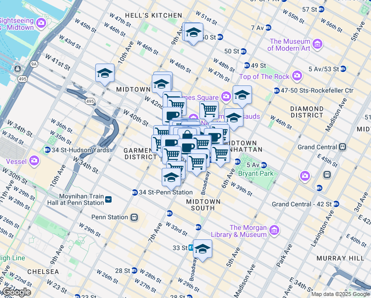 map of restaurants, bars, coffee shops, grocery stores, and more near 218 West 40th Street in New York