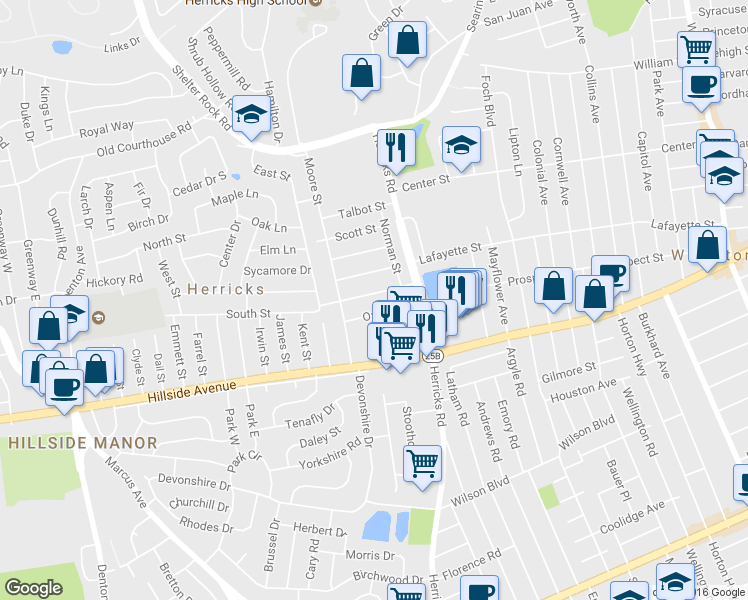 map of restaurants, bars, coffee shops, grocery stores, and more near 32 Prince St in New Hyde Park