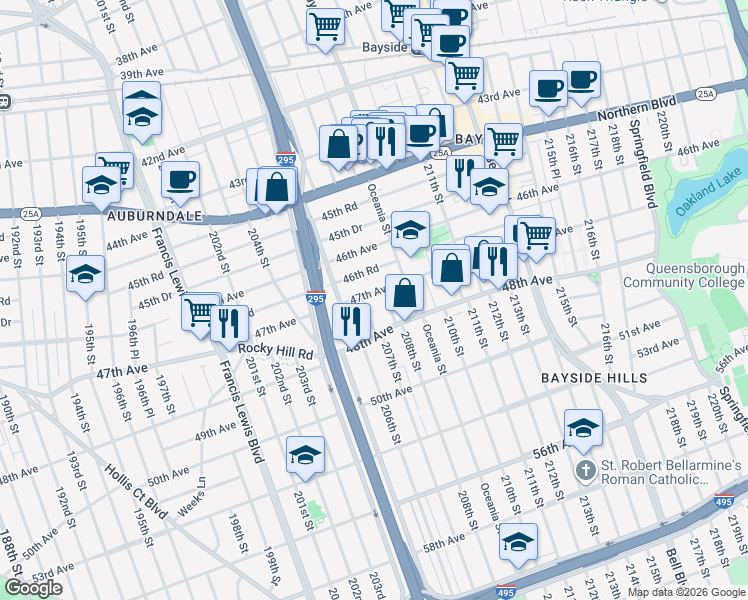 map of restaurants, bars, coffee shops, grocery stores, and more near 206-20 47th Avenue in Queens