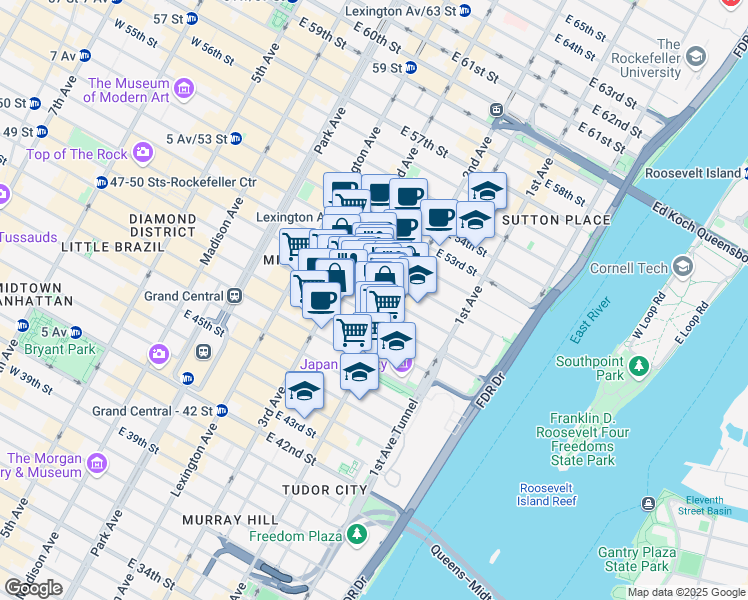 map of restaurants, bars, coffee shops, grocery stores, and more near 234 East 50th Street in New York