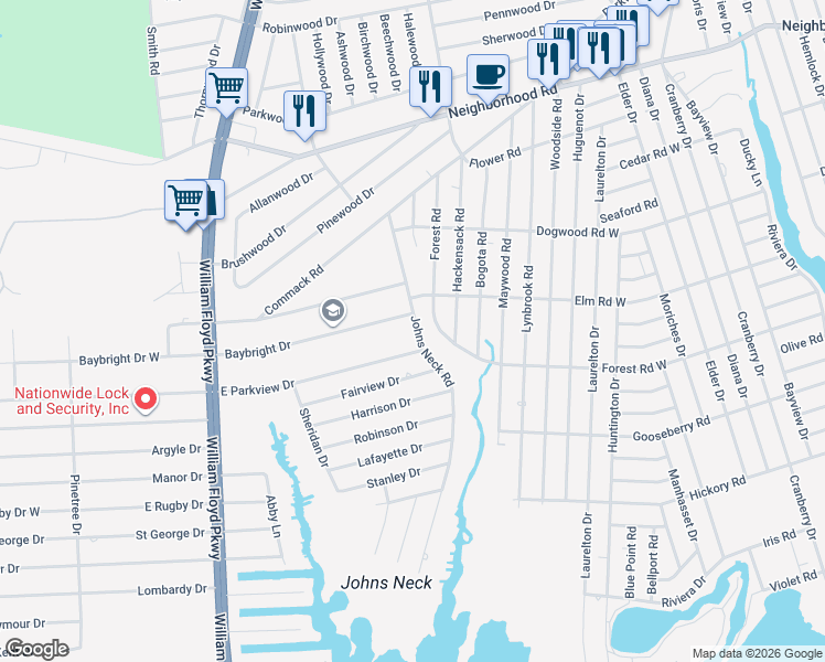 map of restaurants, bars, coffee shops, grocery stores, and more near 40 Johns Neck Road in Shirley