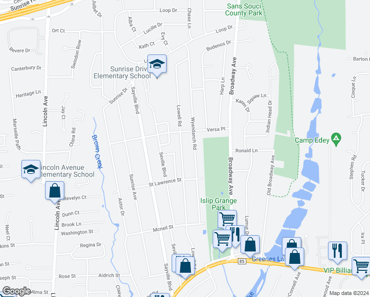 map of restaurants, bars, coffee shops, grocery stores, and more near 227 Lowell Road in Sayville