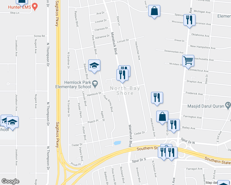 map of restaurants, bars, coffee shops, grocery stores, and more near 2 Plume Court in Bay Shore