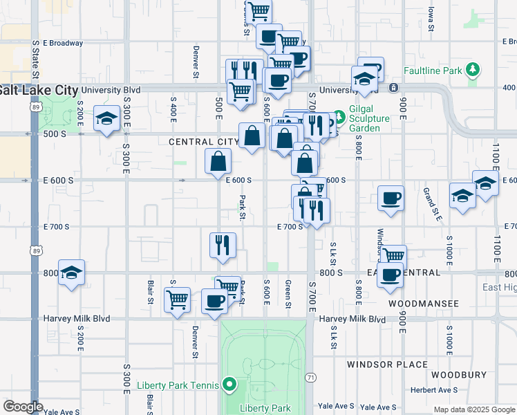 map of restaurants, bars, coffee shops, grocery stores, and more near 648 600 East in Salt Lake City