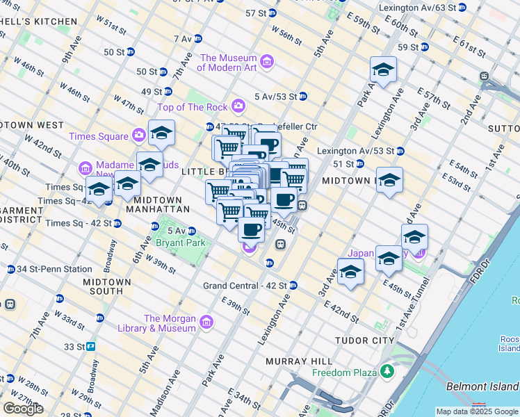 map of restaurants, bars, coffee shops, grocery stores, and more near 360 Madison Avenue in New York