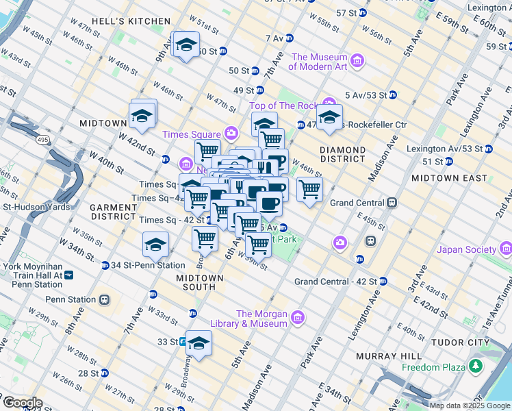 map of restaurants, bars, coffee shops, grocery stores, and more near 1101 6th Avenue in New York