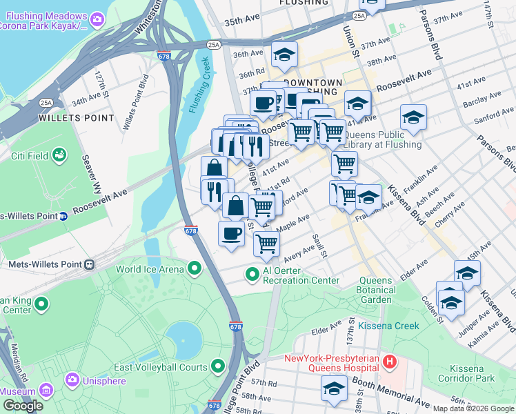 map of restaurants, bars, coffee shops, grocery stores, and more near 41-36 College Point Boulevard in Queens
