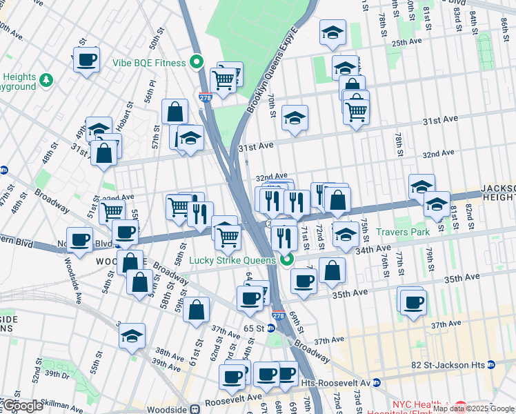 map of restaurants, bars, coffee shops, grocery stores, and more near 32-45 68th Street in Queens