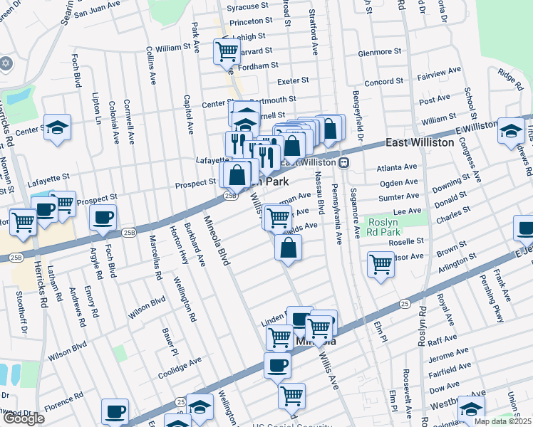 map of restaurants, bars, coffee shops, grocery stores, and more near 432 Willis Avenue in Mineola
