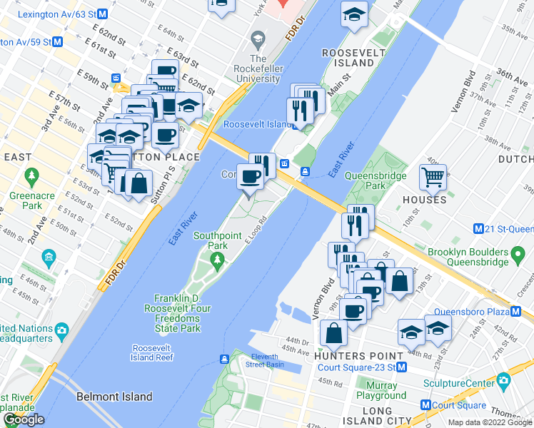 map of restaurants, bars, coffee shops, grocery stores, and more near 3 E Rd in New York