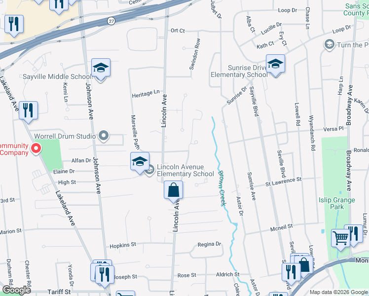 map of restaurants, bars, coffee shops, grocery stores, and more near 19 Greenbriar Dr in Sayville