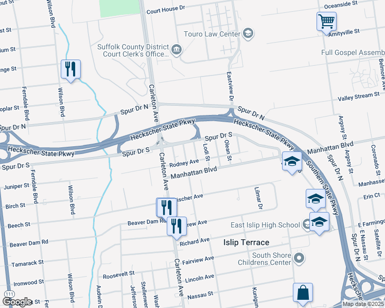 map of restaurants, bars, coffee shops, grocery stores, and more near 6 Bristol Street in Islip Terrace