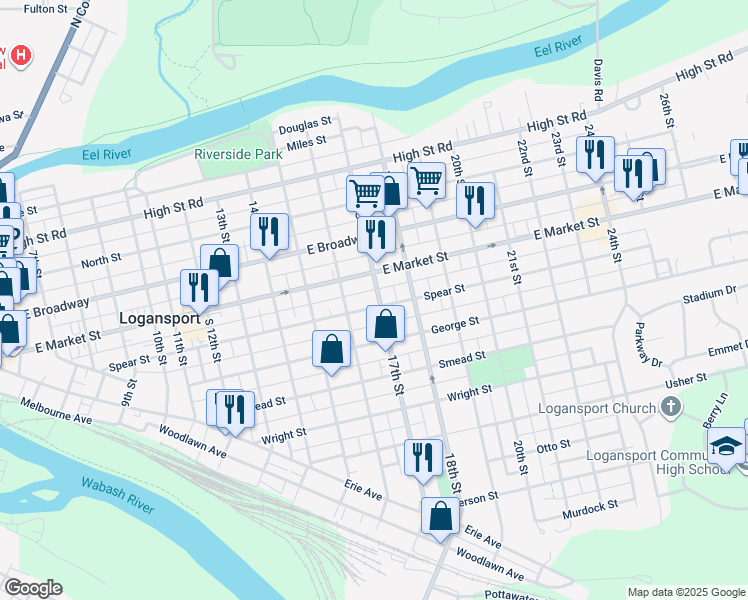 map of restaurants, bars, coffee shops, grocery stores, and more near 1630 Spear Street in Logansport