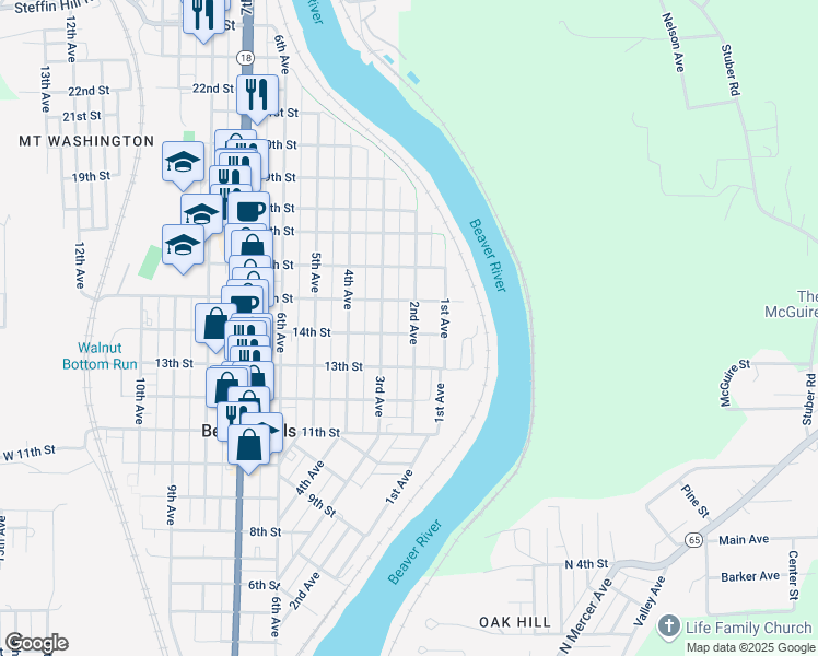 map of restaurants, bars, coffee shops, grocery stores, and more near 1403 2nd Avenue in Beaver Falls