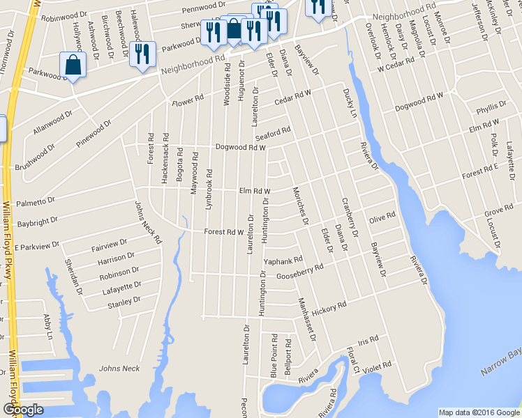 map of restaurants, bars, coffee shops, grocery stores, and more near 176 Huntington Drive in Mastic Beach