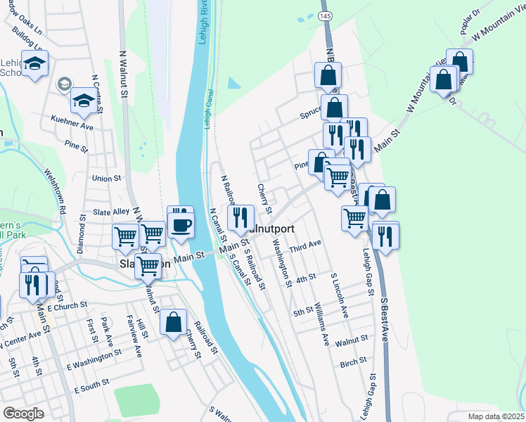 map of restaurants, bars, coffee shops, grocery stores, and more near 15 Cherry Street in Walnutport