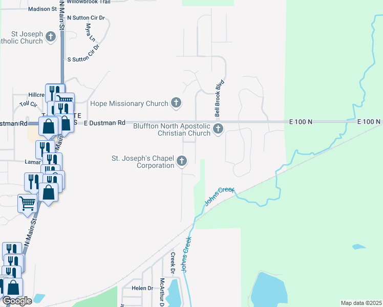 map of restaurants, bars, coffee shops, grocery stores, and more near 54 Sunrise Way in Bluffton
