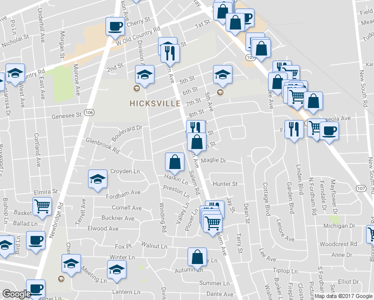 map of restaurants, bars, coffee shops, grocery stores, and more near 57 Salem Road in Hicksville
