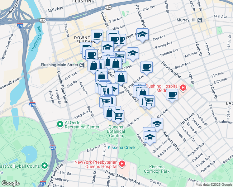 map of restaurants, bars, coffee shops, grocery stores, and more near 138-15 Franklin Avenue in Queens