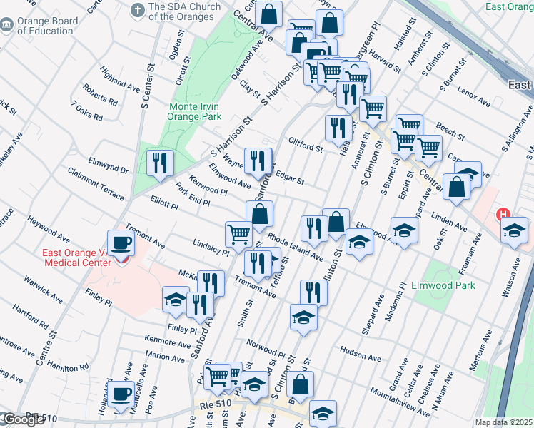 map of restaurants, bars, coffee shops, grocery stores, and more near 27 Bedford Street in East Orange