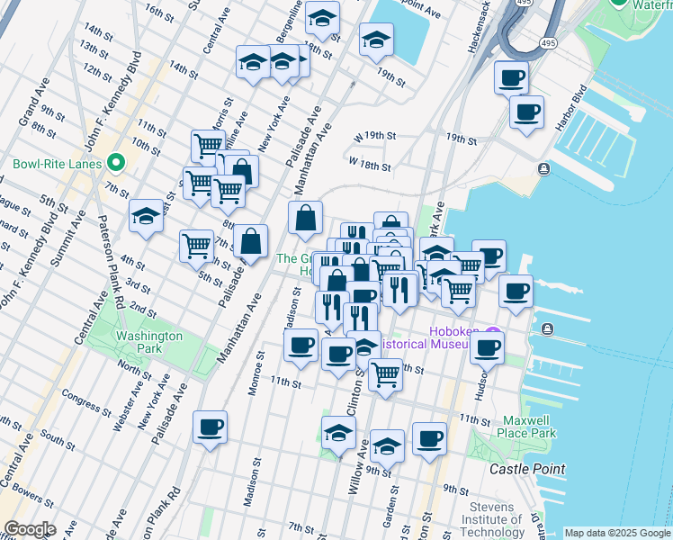 map of restaurants, bars, coffee shops, grocery stores, and more near 1412 Adams Street in Hoboken
