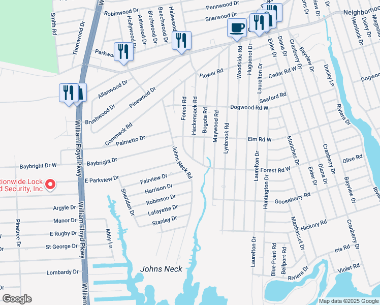 map of restaurants, bars, coffee shops, grocery stores, and more near 4 Hackensack Road in Mastic Beach