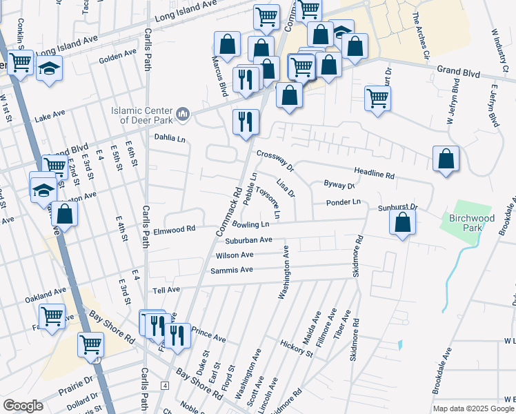 map of restaurants, bars, coffee shops, grocery stores, and more near 10 Spindle Court in Deer Park