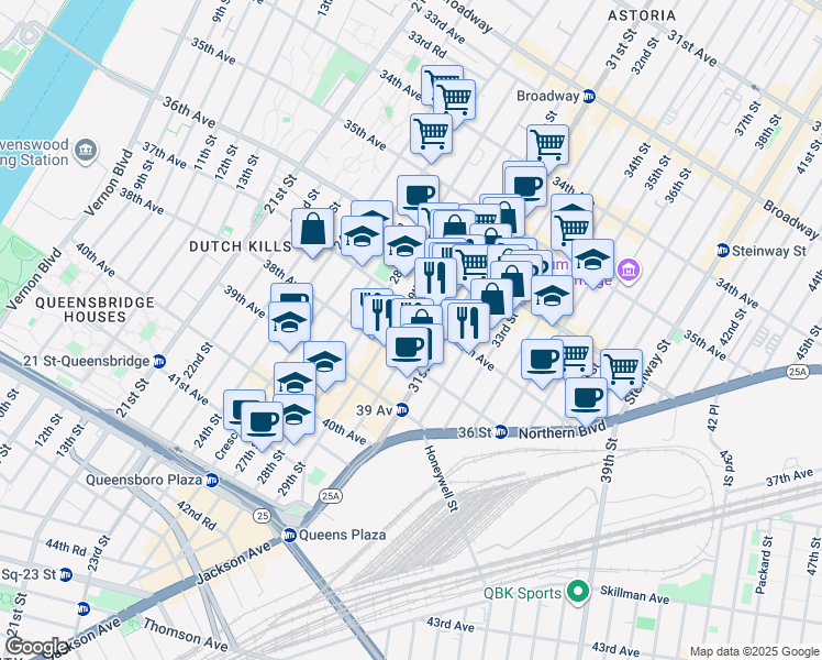 map of restaurants, bars, coffee shops, grocery stores, and more near 37-11 30th Street in Queens