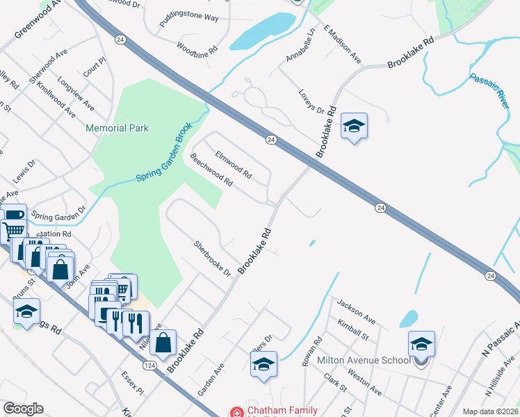 map of restaurants, bars, coffee shops, grocery stores, and more near 119 Beechwood Road in Florham Park