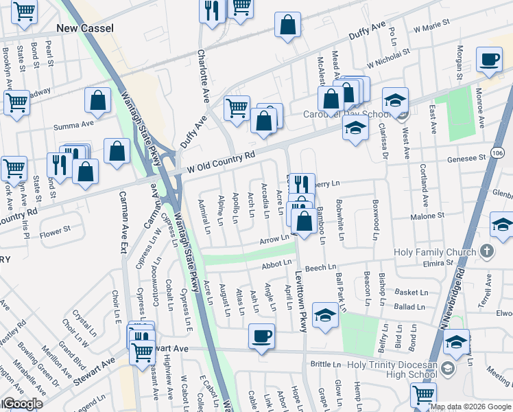 map of restaurants, bars, coffee shops, grocery stores, and more near 35 Arch Lane in Hicksville
