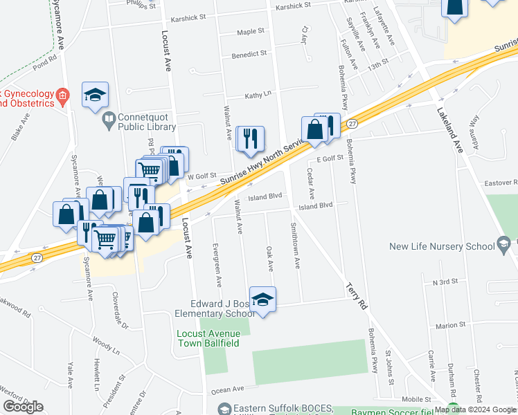 map of restaurants, bars, coffee shops, grocery stores, and more near 51 Island Boulevard in Bohemia