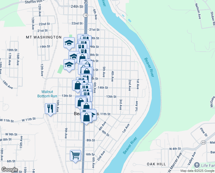 map of restaurants, bars, coffee shops, grocery stores, and more near 416 14th Street in Beaver Falls