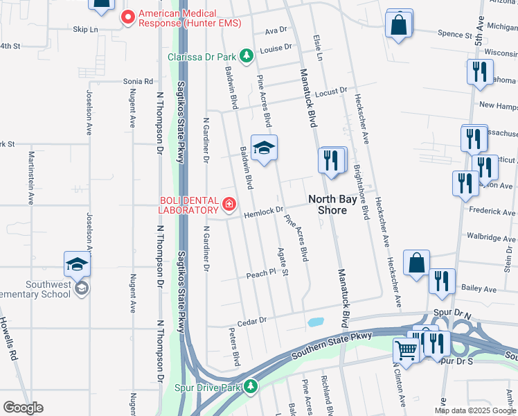 map of restaurants, bars, coffee shops, grocery stores, and more near 1557 Baldwin Boulevard in Bay Shore