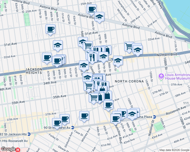 map of restaurants, bars, coffee shops, grocery stores, and more near 34th Avenue & Junction Boulevard in Queens