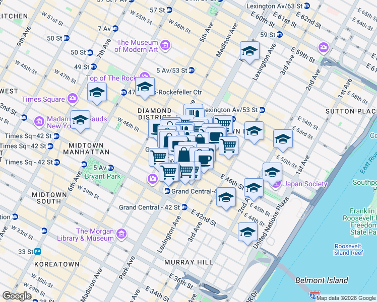 map of restaurants, bars, coffee shops, grocery stores, and more near 250 Park Avenue in New York