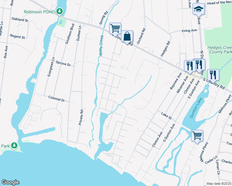 map of restaurants, bars, coffee shops, grocery stores, and more near 1 Albion Place in East Patchogue