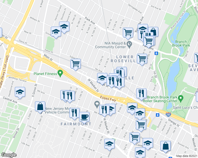 map of restaurants, bars, coffee shops, grocery stores, and more near 7 North 11th Street in Newark