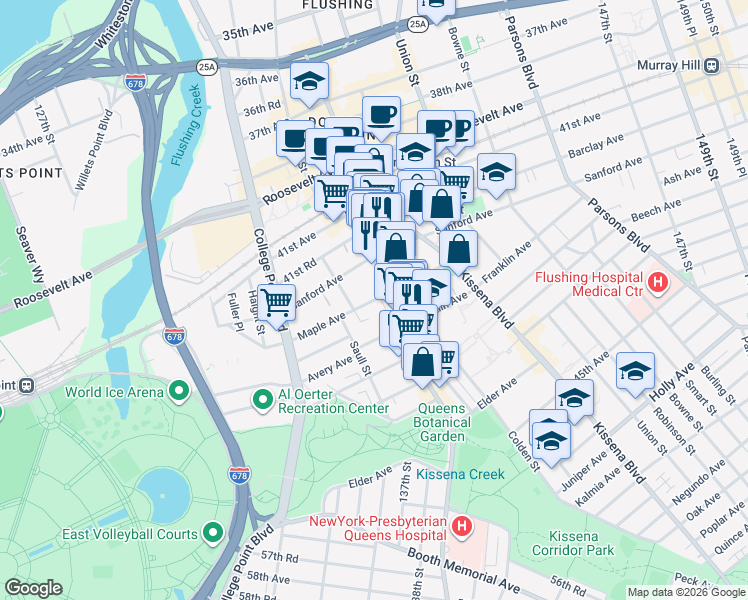 map of restaurants, bars, coffee shops, grocery stores, and more near in Queens