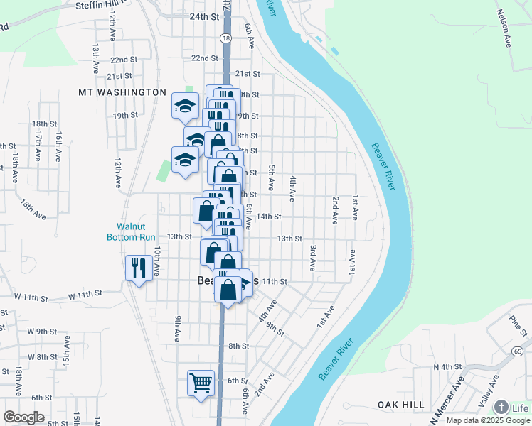 map of restaurants, bars, coffee shops, grocery stores, and more near 520 14th Street in Beaver Falls