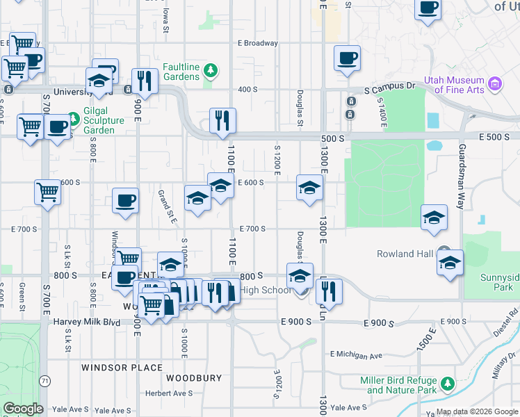 map of restaurants, bars, coffee shops, grocery stores, and more near 647 South Elizabeth Street in Salt Lake City