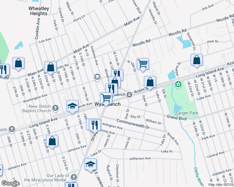 map of restaurants, bars, coffee shops, grocery stores, and more near 10 Station Drive in Wyandanch