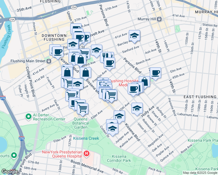 map of restaurants, bars, coffee shops, grocery stores, and more near 140-40 Beech Avenue in Queens