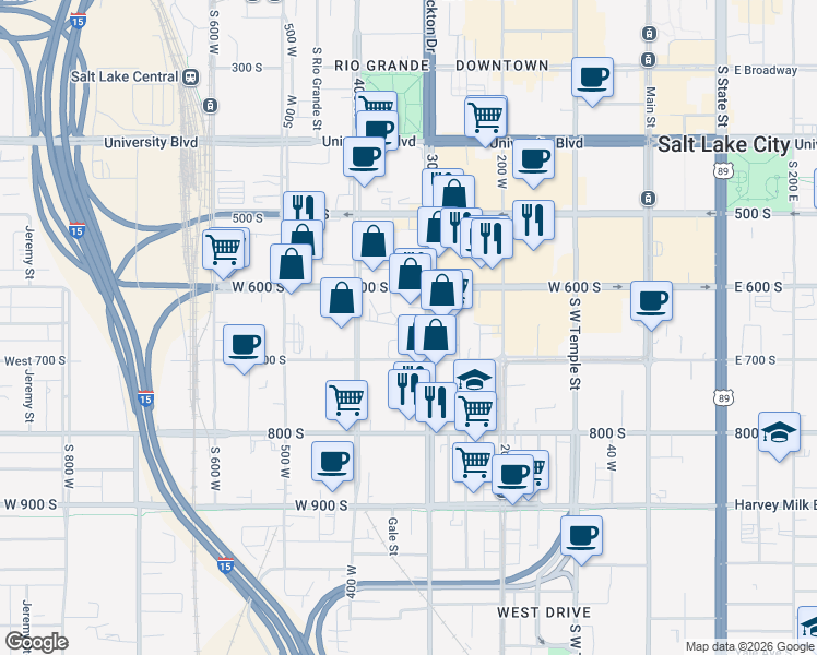 map of restaurants, bars, coffee shops, grocery stores, and more near 644 South 300 West in Salt Lake City