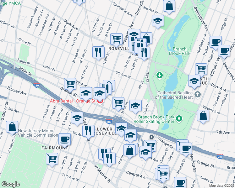 map of restaurants, bars, coffee shops, grocery stores, and more near 157-159 North 7th Street in Newark