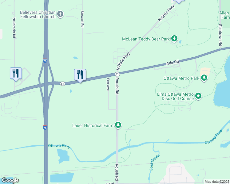 map of restaurants, bars, coffee shops, grocery stores, and more near 1125 Roush Road in Lima