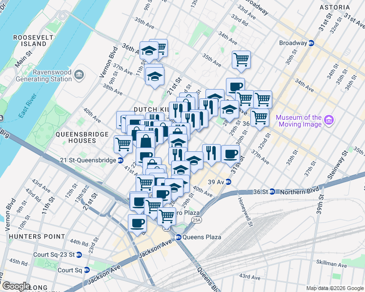 map of restaurants, bars, coffee shops, grocery stores, and more near 38-27 Crescent Street in Queens